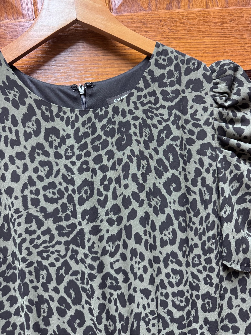 Express Olive Green and Black Leopard Print Puff Sleeve lined Dress
